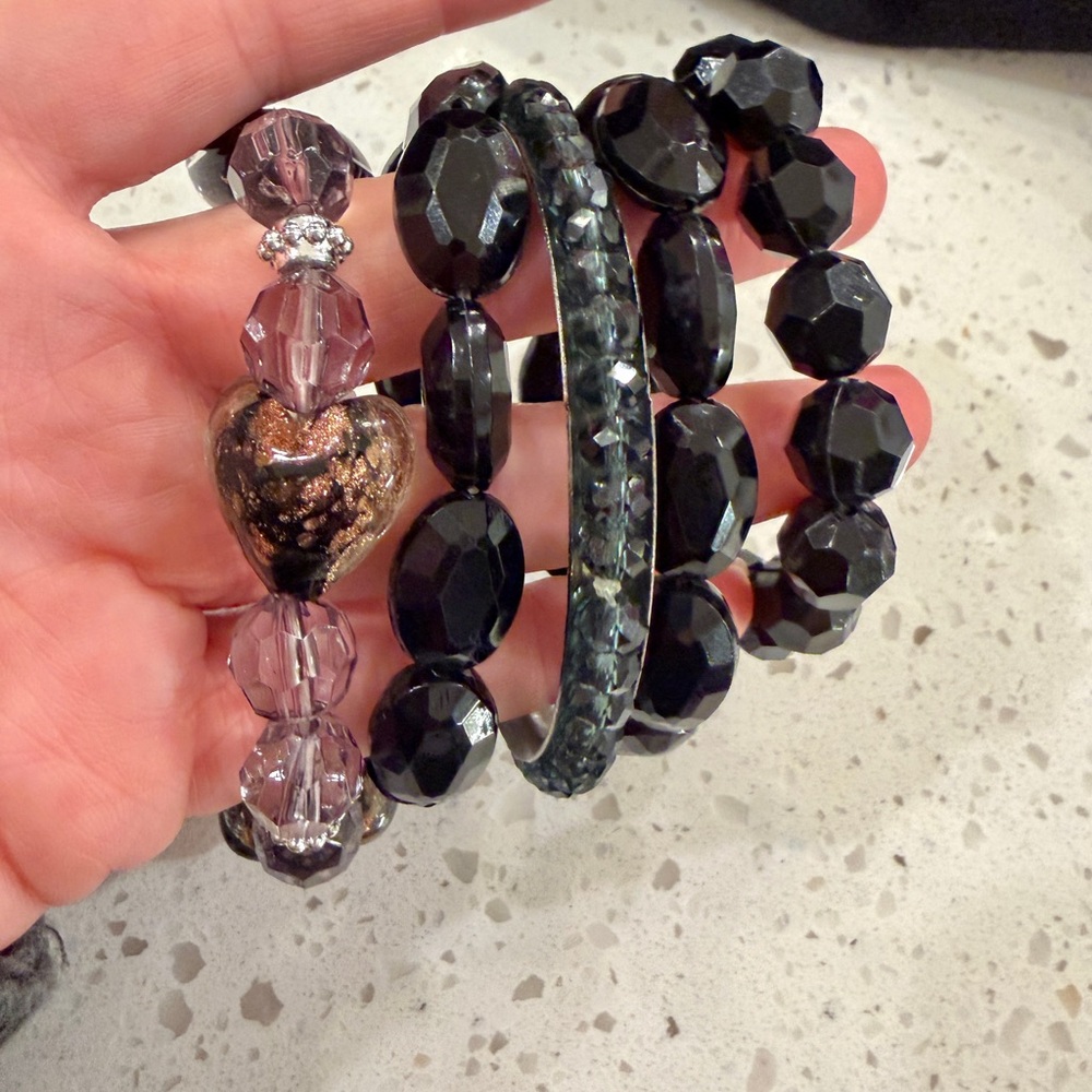 Elegant Black and Purple Beaded Bracelet Set